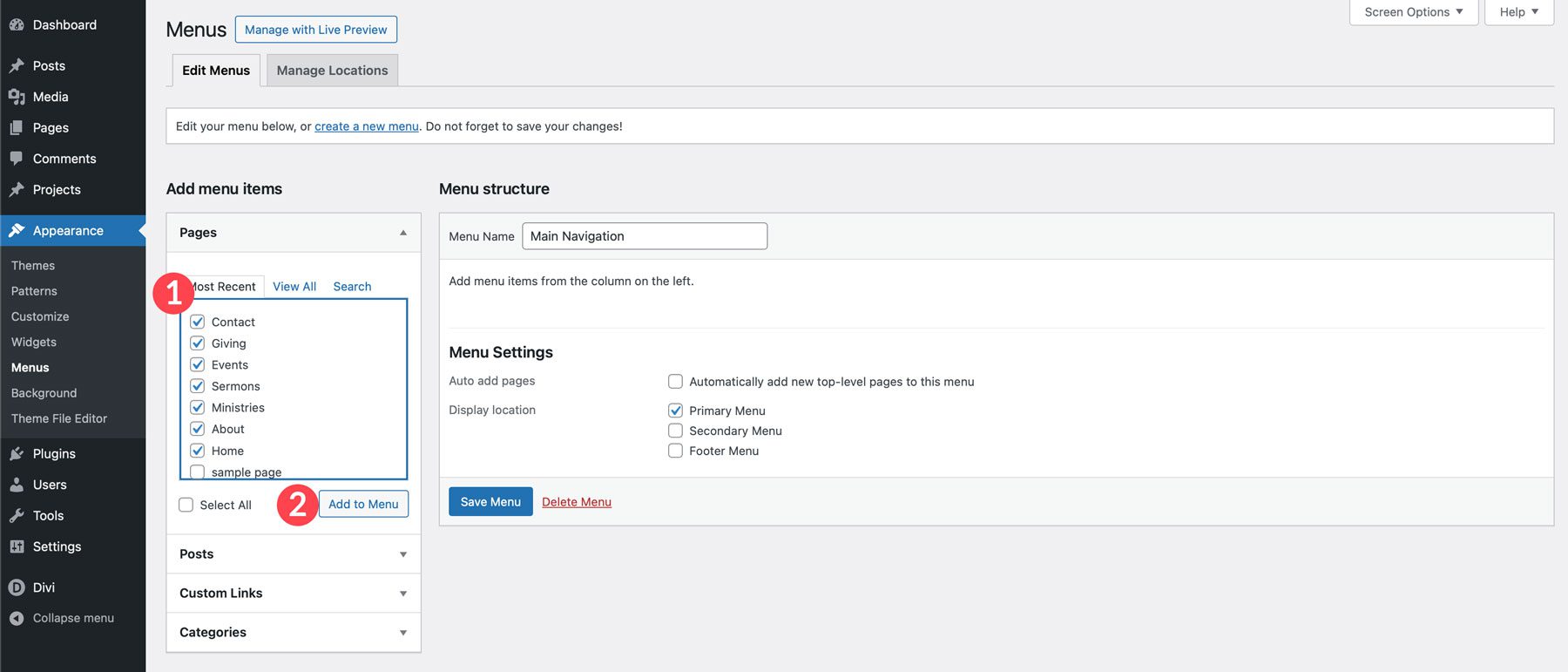 Collegamenti al menu WordPress