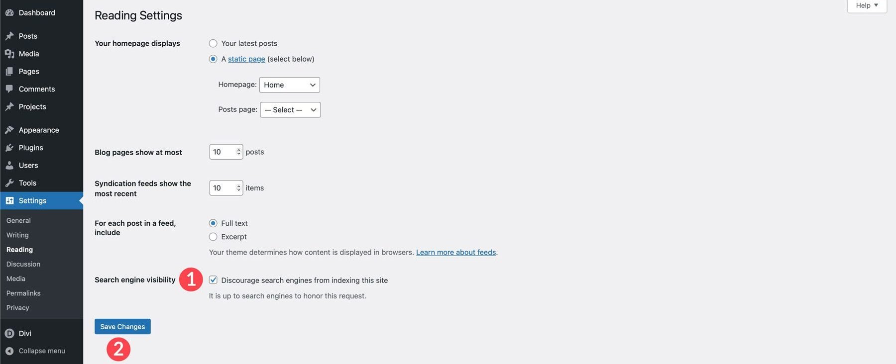 Impostazioni di lettura di WordPress