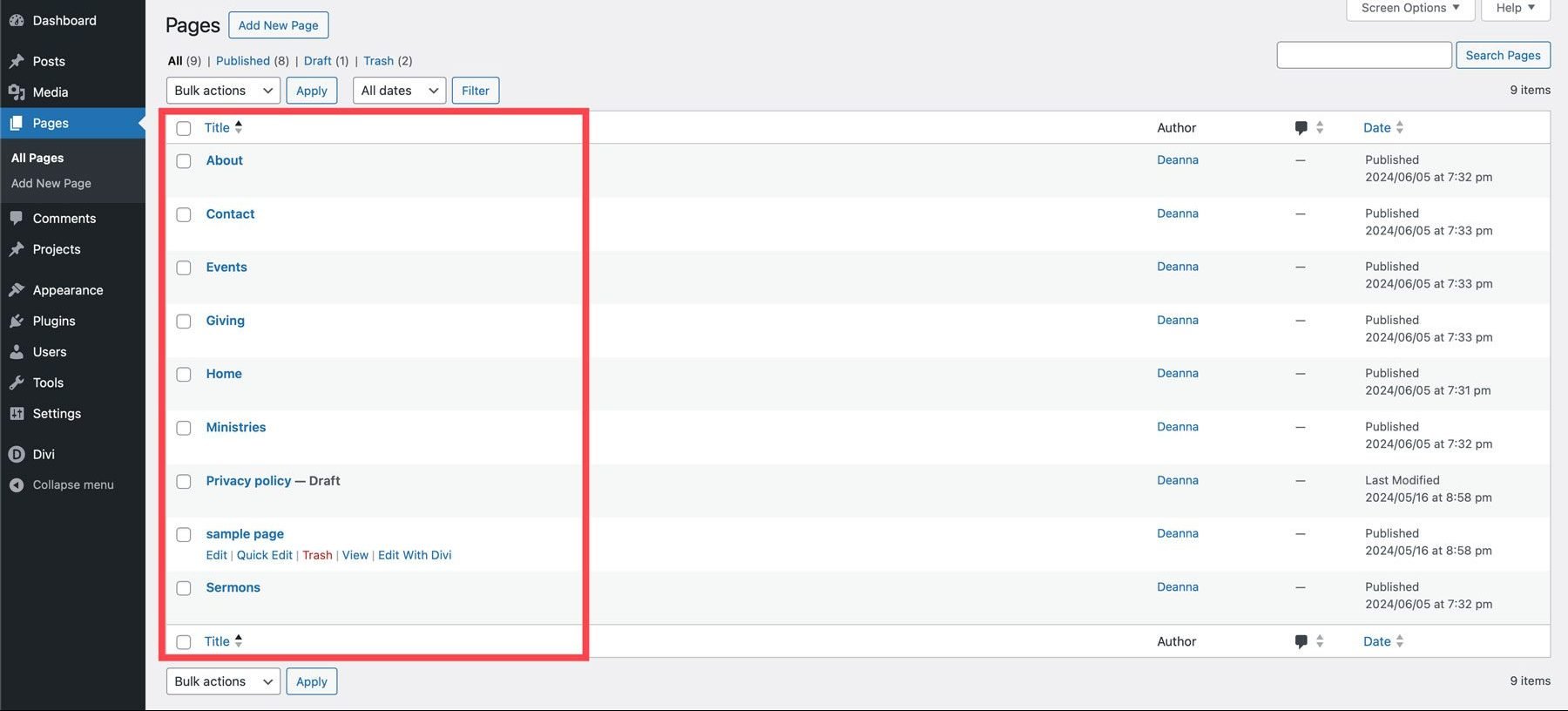 Struttura della pagina WordPress