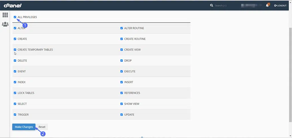 Cum se instalează manual WordPress? (Ghid 2024) 25 Assign all privileges to a new database user created in cPanel for WordPress.