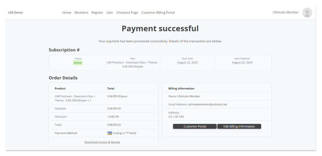 Tangkapan layar halaman konfirmasi pembayaran plugin Ultimate Member WordPress