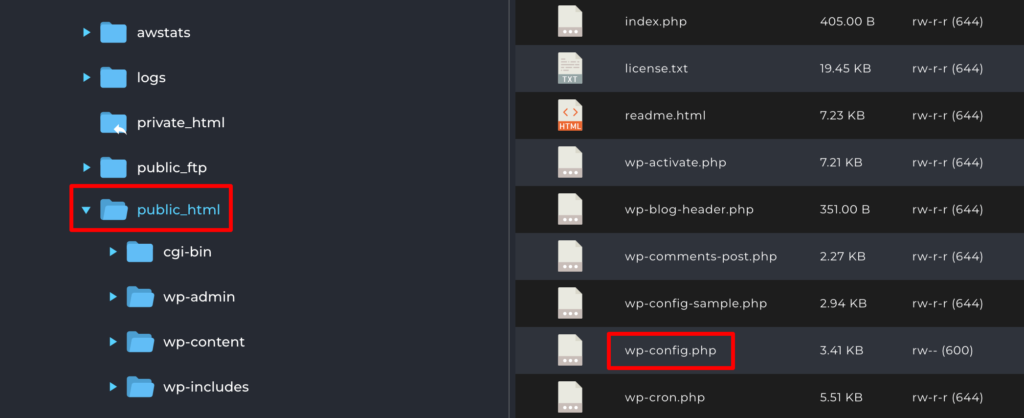 이 이미지는 wp-config.php 파일을 보여줍니다.