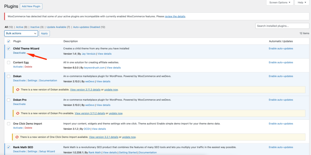 Dies ist ein Screenshot der Deaktivierung eines Plugins
