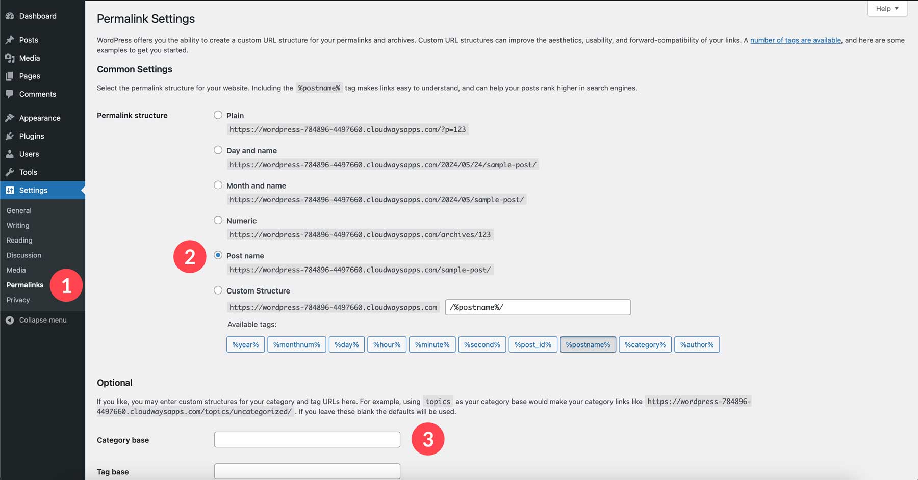 Установите постоянную ссылку WordPress для пользовательских структур ссылок