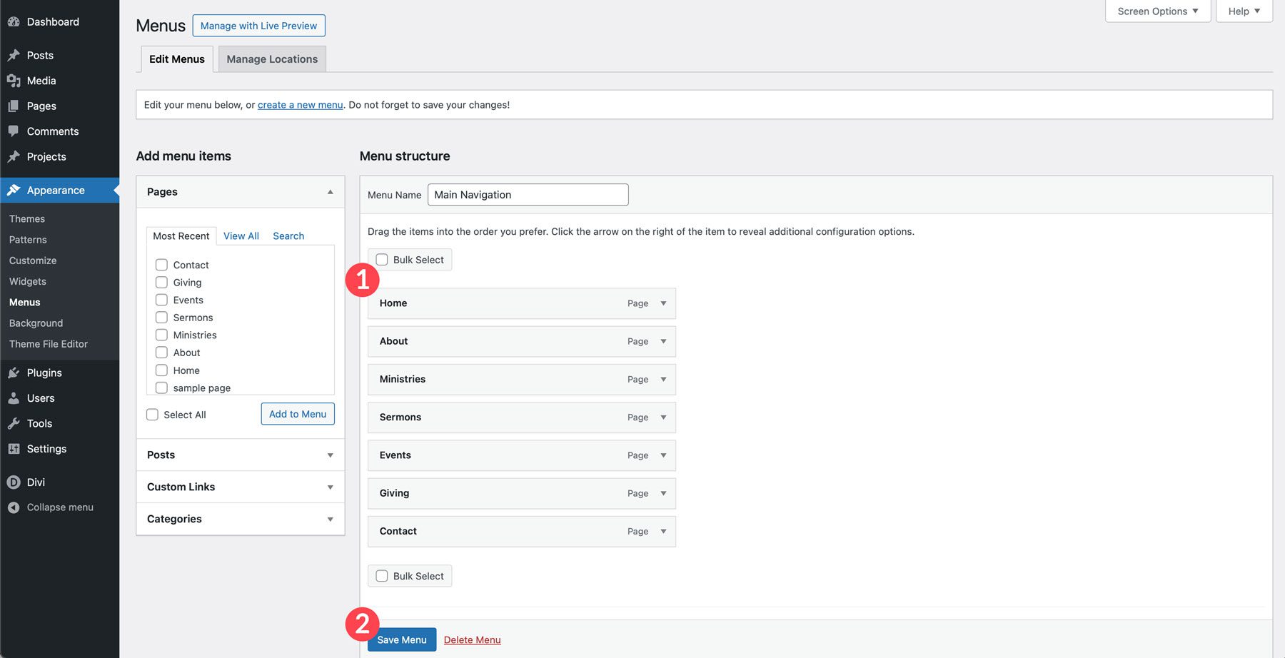сохранить меню WordPress