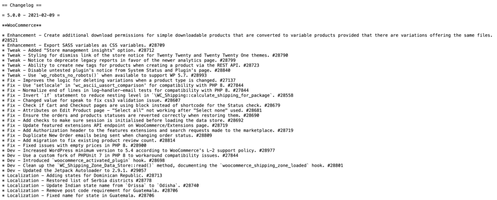 Esempio di un registro delle modifiche di WooCommerce per la versione 5.0.0, che mostra aggiornamenti, correzioni di bug e miglioramenti. Fonte: registro delle modifiche di WooCommerce.