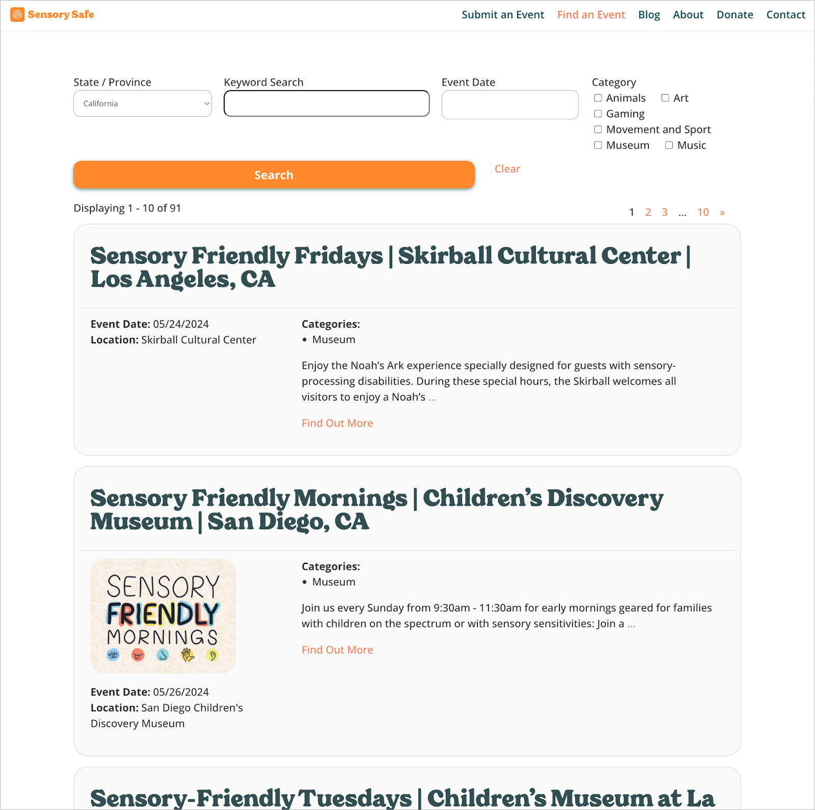 Sensory Safe 網站上的活動目錄;它是用gravityview建構的