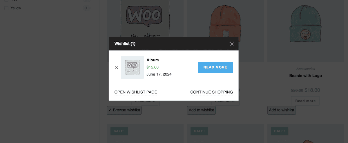 Dialog popup plugin WPC Smart Wishlist untuk daftar keinginan individual.