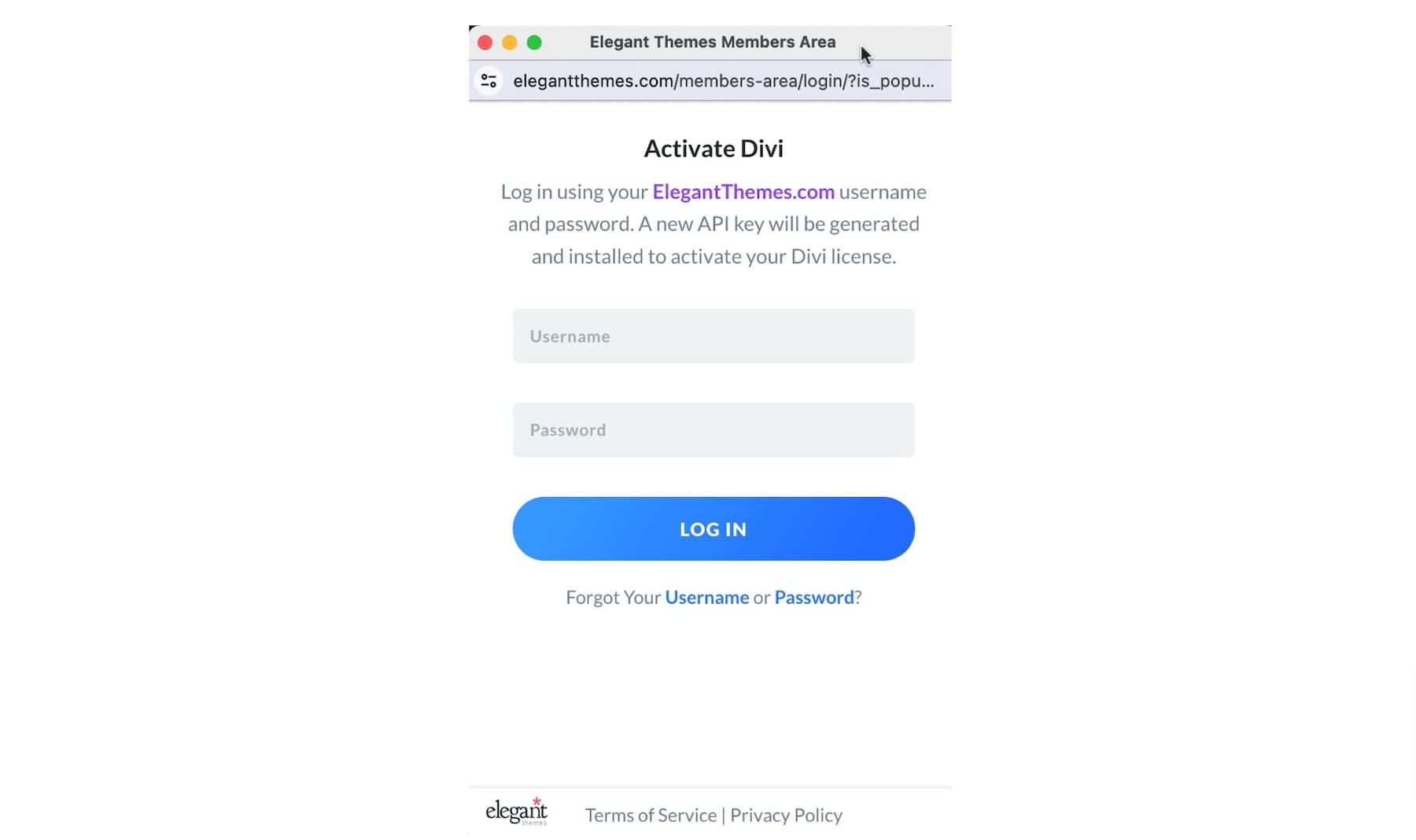 Detalles de inicio de sesión de Divi para activar la licencia.