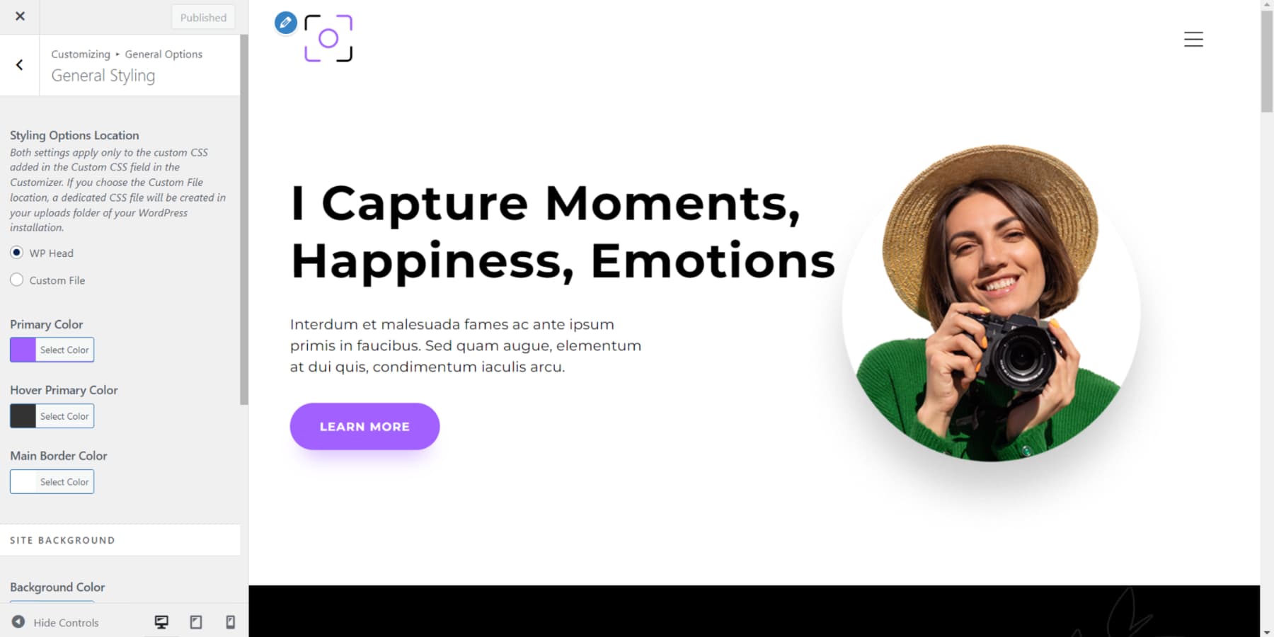 Une capture d'écran de quelques autres options de personnalisation d'OceanWP