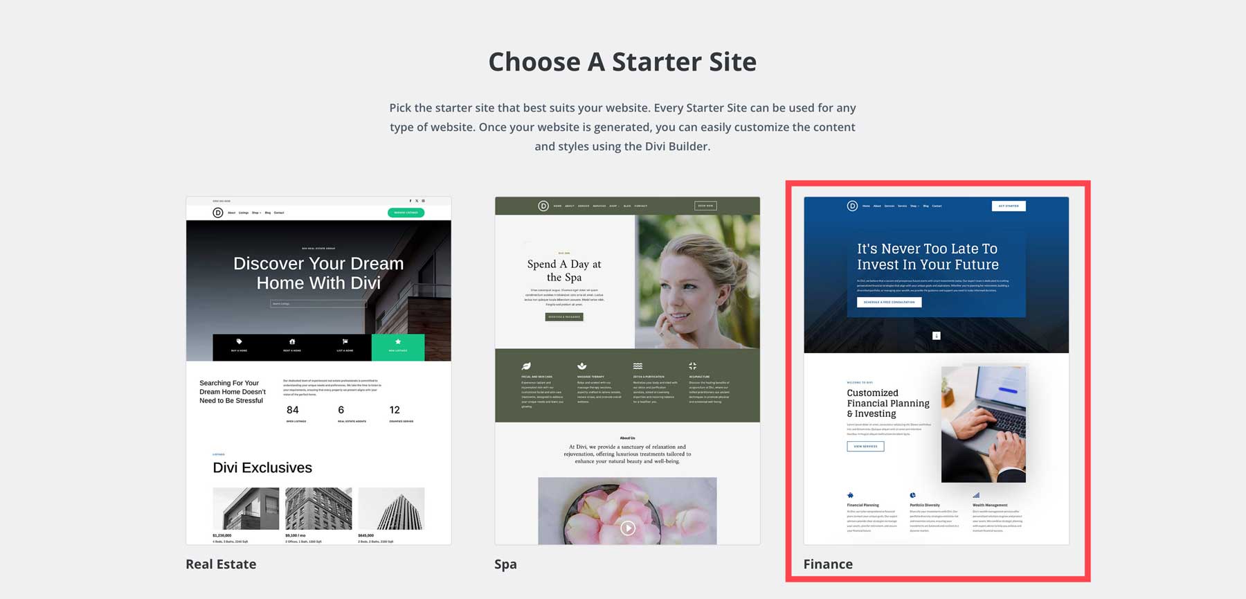 Site de démarrage financier pour Divi