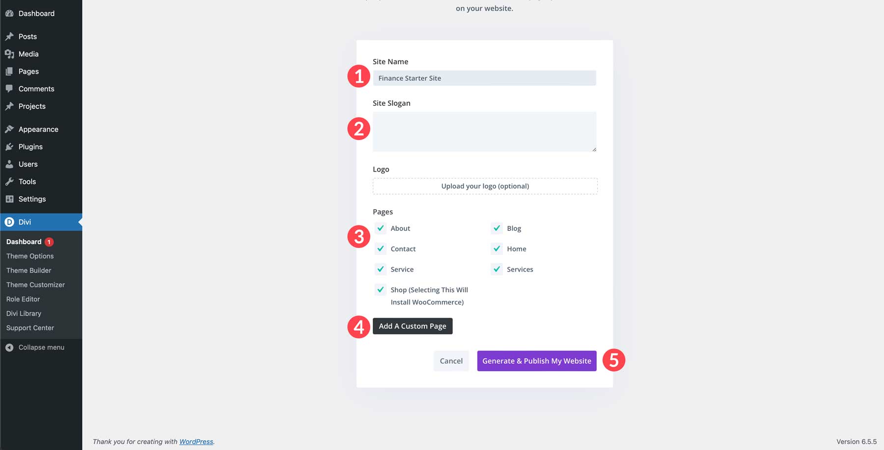 Site de démarrage financier pour Divi