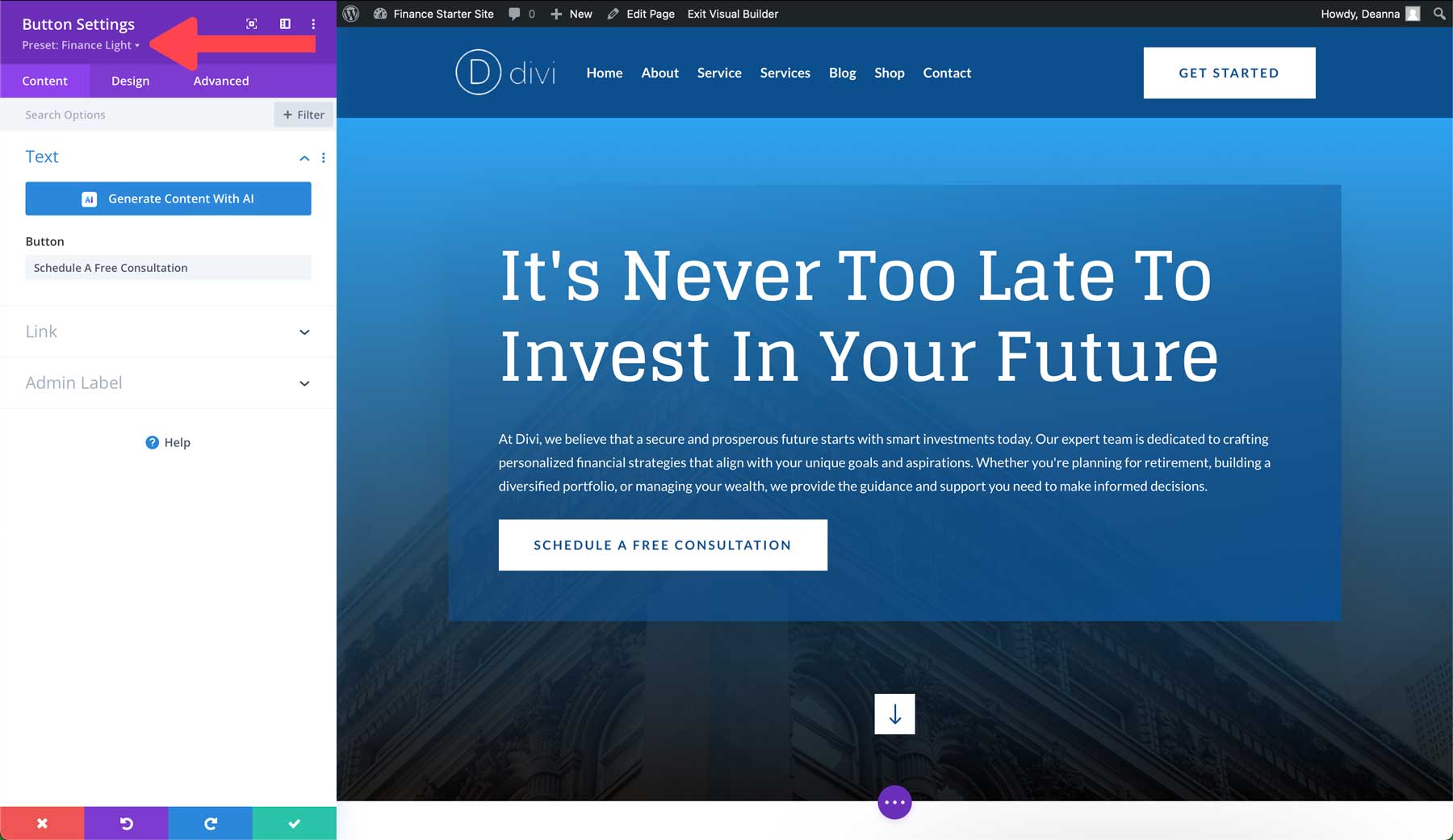 Site de démarrage financier pour Divi