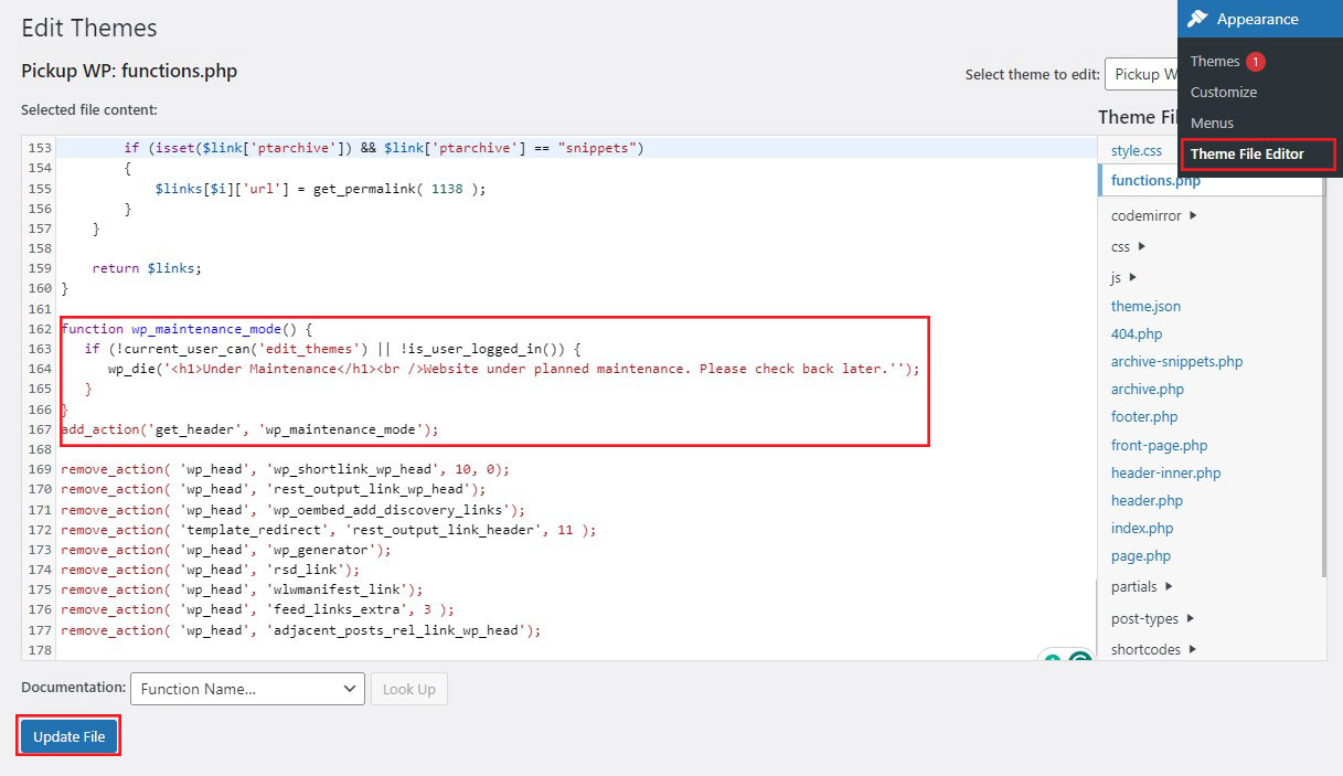 Écrire un extrait de code pour le mode maintenance dans le fichier de l'éditeur de thème WordPress