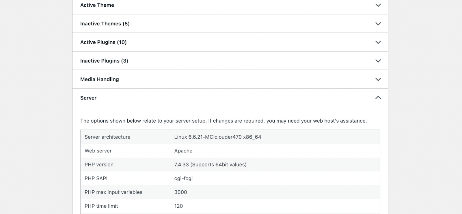 Tampilan layar Kesehatan Situs dalam Alat di Dasbor WordPress, khususnya di bagian Server tempat versi PHP dapat ditemukan.
