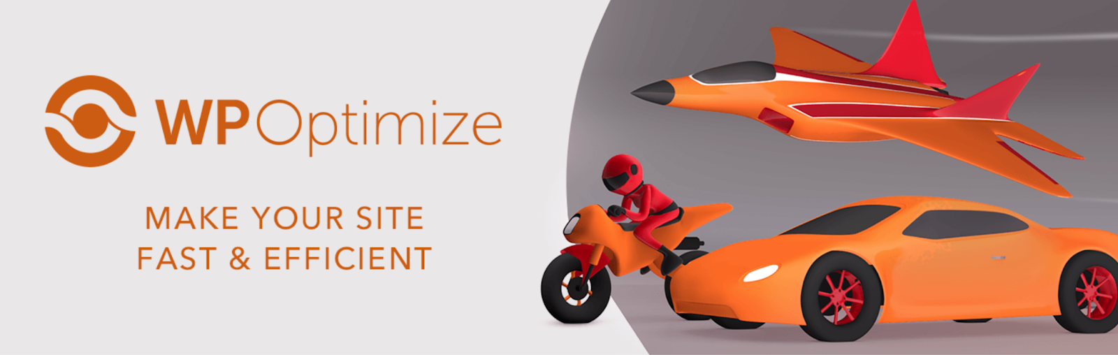 Grafik WP Optimize dengan teks CTA dan sepeda motor, jet, dan mobil sport.