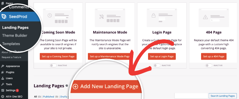 adicionar nova página de destino no seedprod - IsItWP - Free WordPress Theme Detector add new landing page in seedprod
