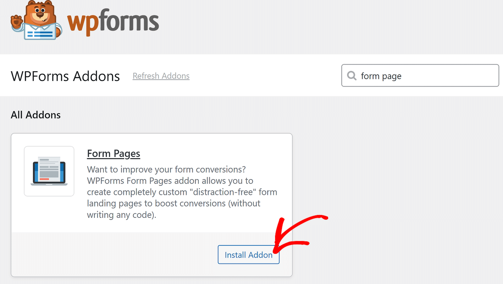 Instalați Addon Form Pages - WPForms Install Form Pages addon