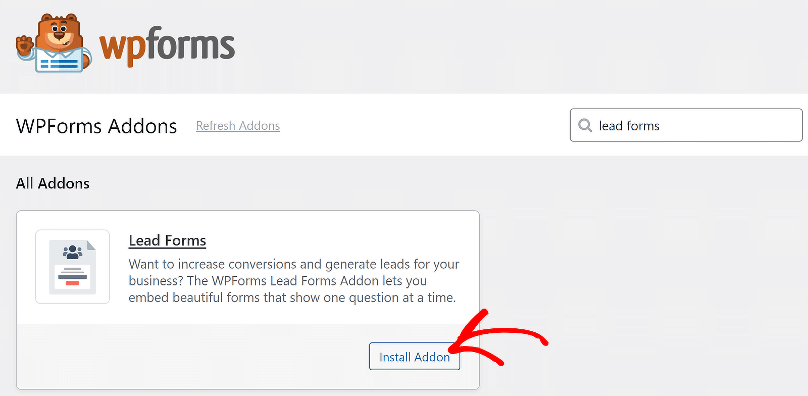 Instalați Addon Lead Forms - WPForms Install lead forms addon