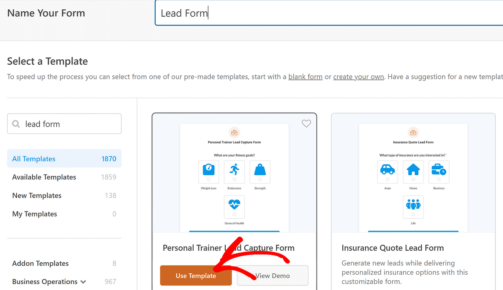 Șablon de formular de captare a clienților potențiali de formator - WPForms Trainer lead capture form template