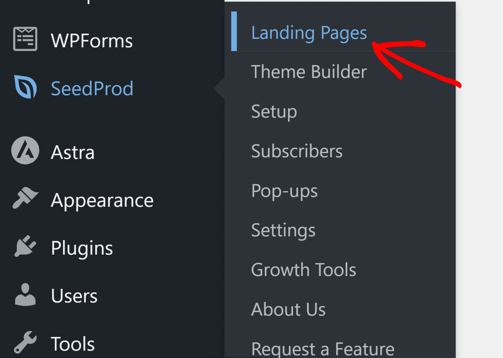 Meniul Pagini de destinație - WPForms Landing Pages Menu