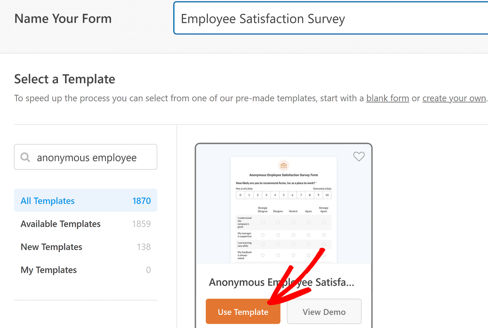 Sondaj anonim de satisfacție - WPForms Use template (anonymous satisfication survey)