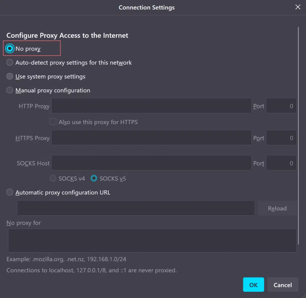 Como corrigir o erro “SSL_ERROR_RX_RECORD_TOO_LONG”? 17 Disabling Proxy in Firefox