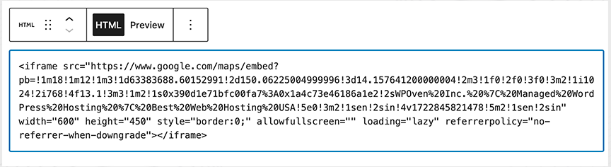 Cómo insertar Google Maps en WordPress: 3 métodos rápidos 7 Pasting the HTML code generated by Google Maps as an iframe