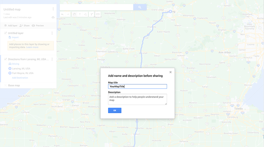 Cómo insertar Google Maps en WordPress: 3 métodos rápidos 9 Naming the custom Map that you have created on Google My Maps