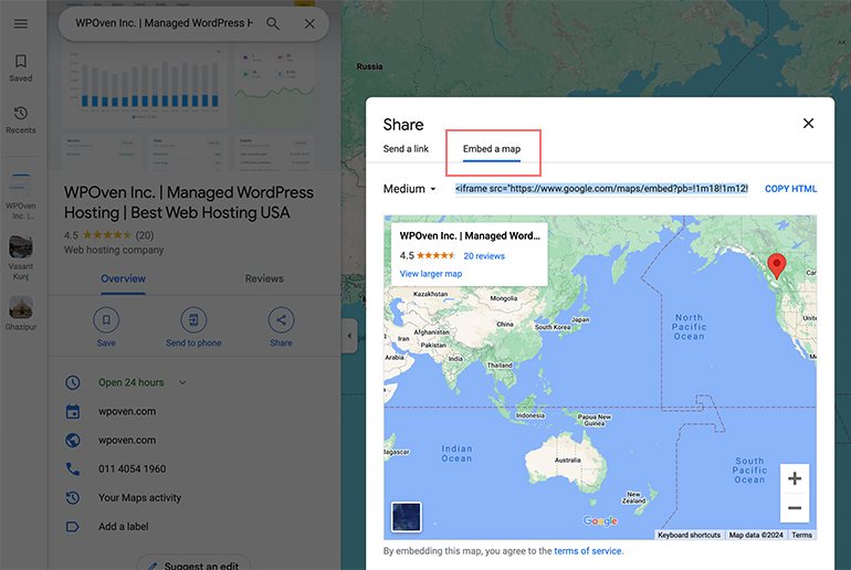 Cómo insertar Google Maps en WordPress: 3 métodos rápidos 5 Copying HTML code generated in Google Maps