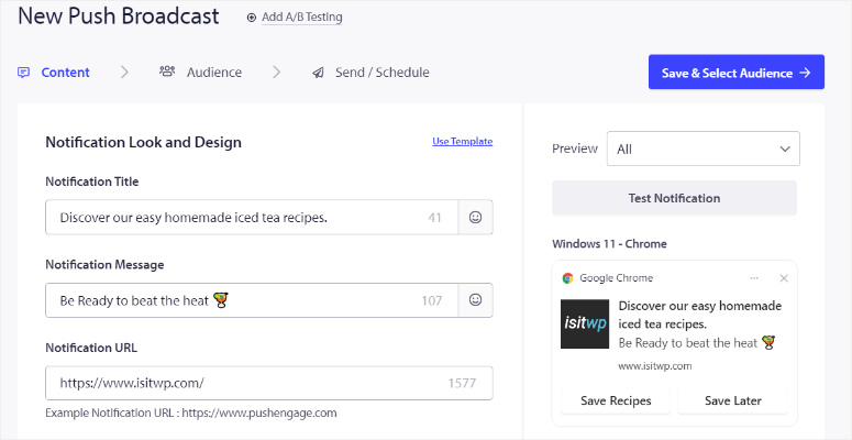 pushengage-new-push-broadcast-sample - IsItWP - Detektor Tema WordPress Gratis pushengage new push broadcast sample