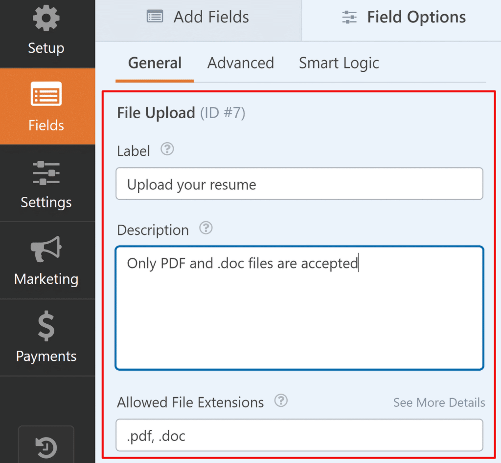 Configurações adicionais de upload de campo - WPForms Additional field upload settings