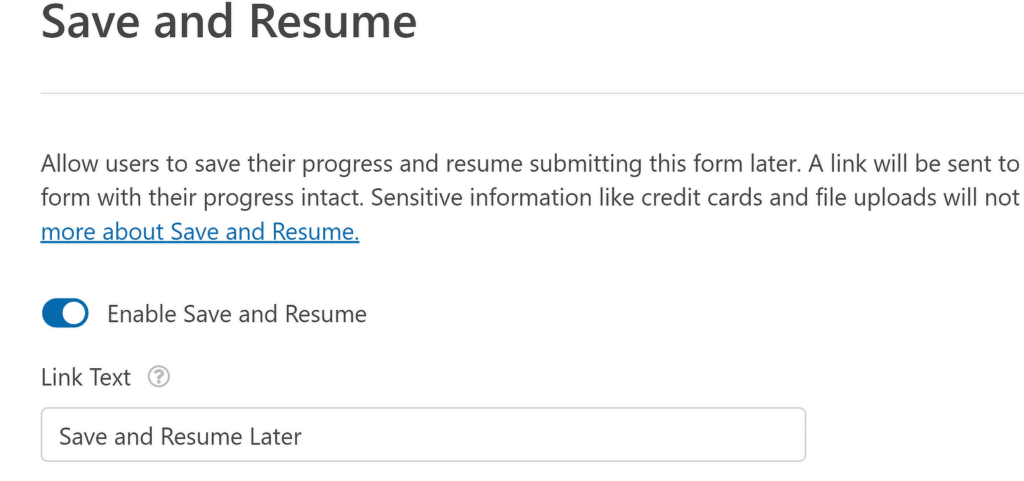 Texto do link para salvar e retomar - WPForms Link text for Save and Resume