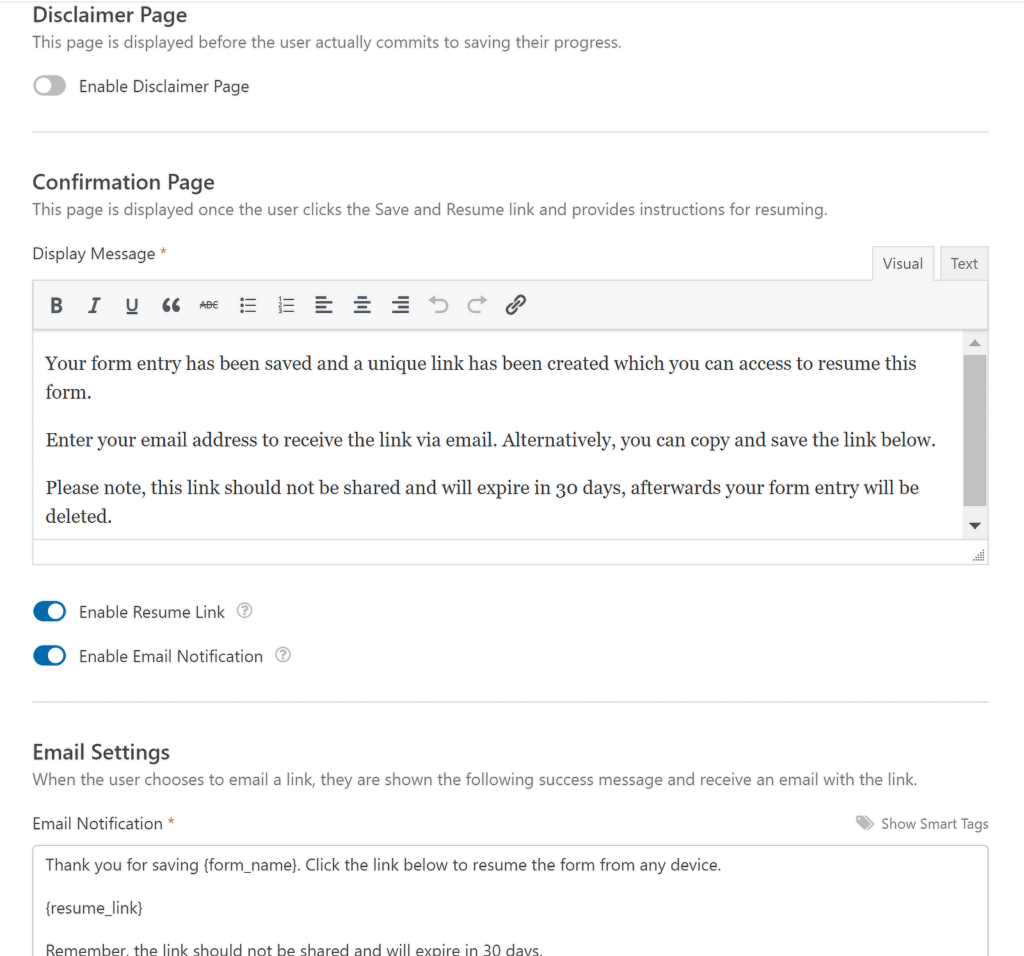 Salvar e retomar mensagens de exibição - WPForms Save and Resume display messages