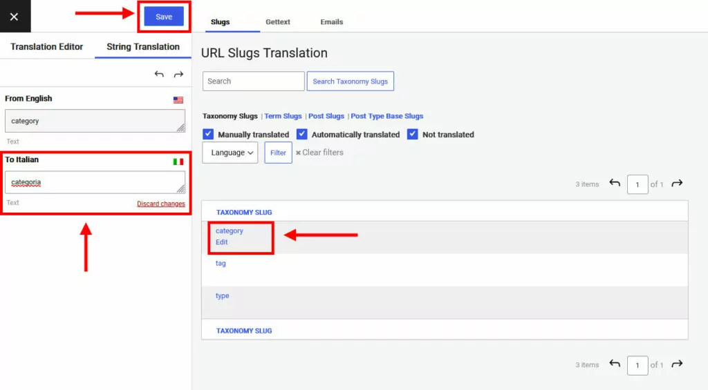 traduire les slugs dans le menu de traduction de chaîne Translatepress