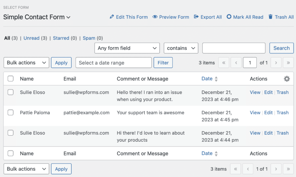 إدخالات النموذج - WPForms Form Entries