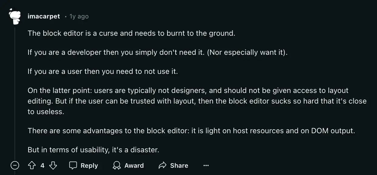 ความคิดเห็นของ Gutenberg เกี่ยวกับการใช้งานที่แย่มาก