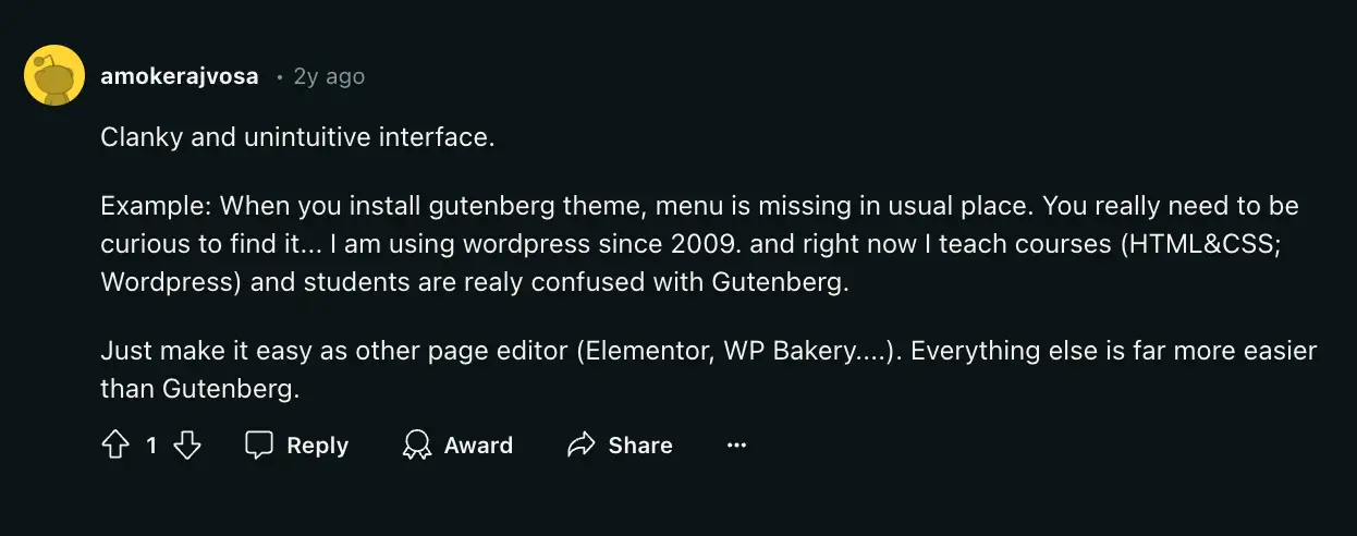 ความคิดเห็นของ Gutenberg เกี่ยวกับการใช้งานที่แย่มาก 3