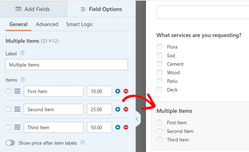 Opciones de campo para el campo de elementos múltiples - WPForms Field Options for Multiple Items Field