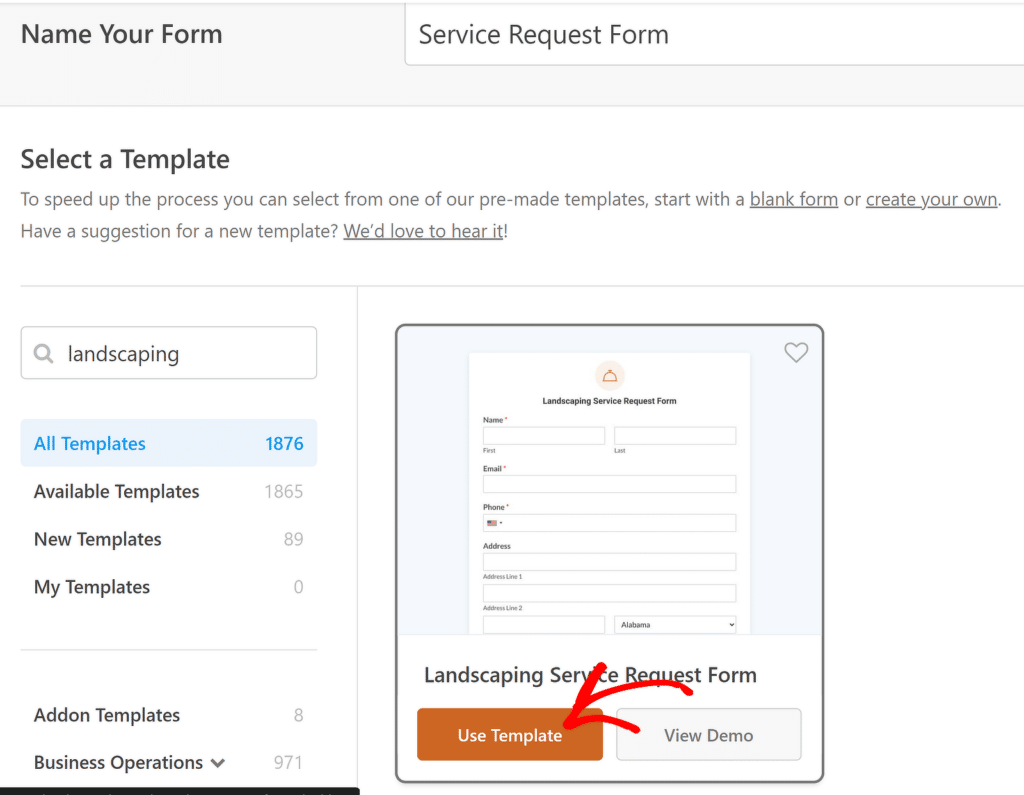 Plantilla de formulario de solicitud de servicio de paisajismo - WPForms Landscaing service request form template