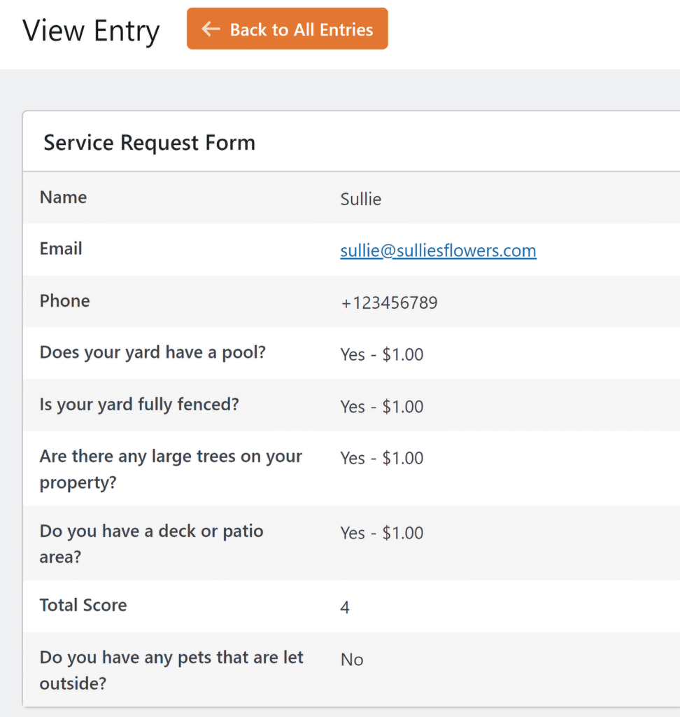 Ver entrada con puntuación de respuesta oculta - WPForms Viewing entry with hidden answer score