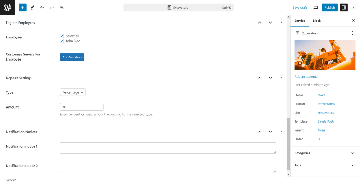 Menyiapkan karyawan peralatan sewa, deposit, dan notifikasi dalam Block Editor.