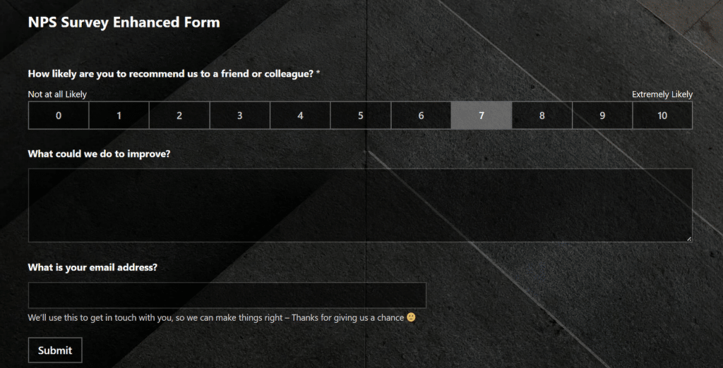 Formulir Survei NPS yang Ditingkatkan Saat Peringkat Di Bawah 7 - WPForms NPS enhanced survey form when rating is under 7