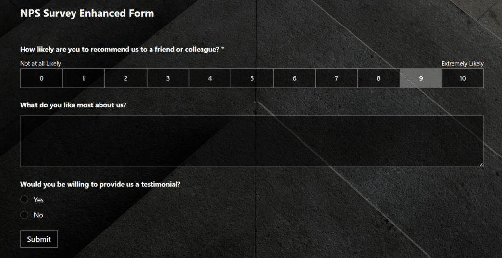 Formulir Survei yang Ditingkatkan NPS Peringkat 9 atau Lebih Tinggi - WPForms NPS enhanced survey form 9 or above rating