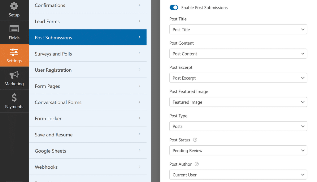 Pengaturan Pengiriman Posting - WPForms Post submissions settings