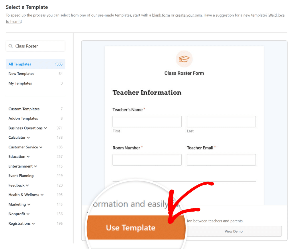 Utilizați șablonul de listă de clasă - WPForms use class roster template