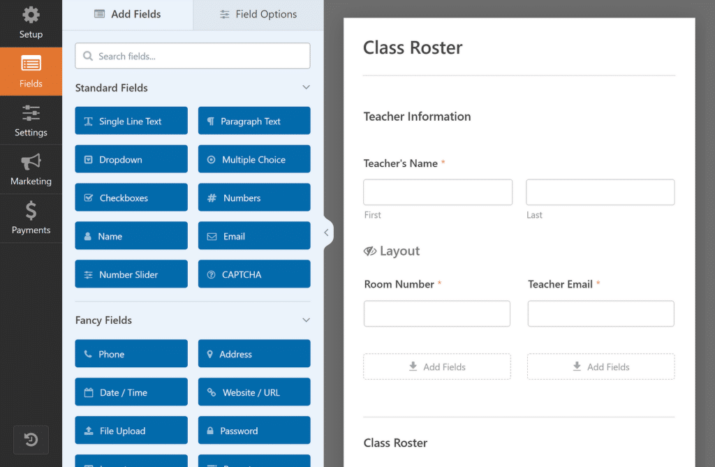 Editați șablonul - WPForms edit the class roster template