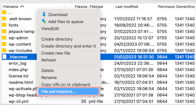 كيفية إيقاف WordPress من الكتابة فوق ملف .htaccess؟ 6 Set file permission to avoid WordPress from overwriting .htaccess file