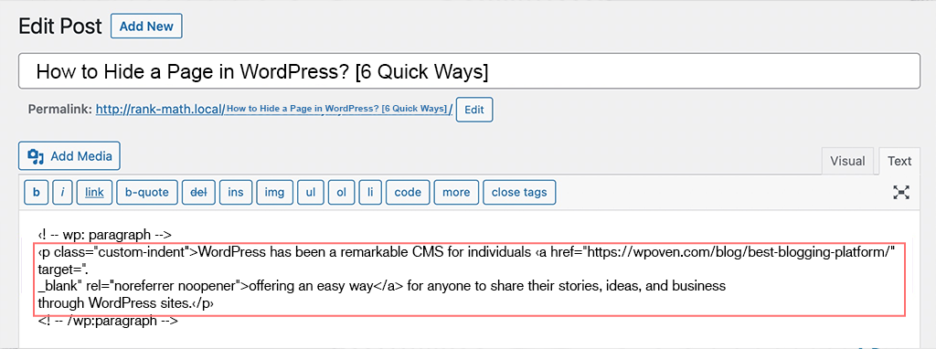 Como recuar parágrafos em um site WordPress? 4 maneiras rápidas 13 Wrapping paragraph with the custom CSS code for indentation