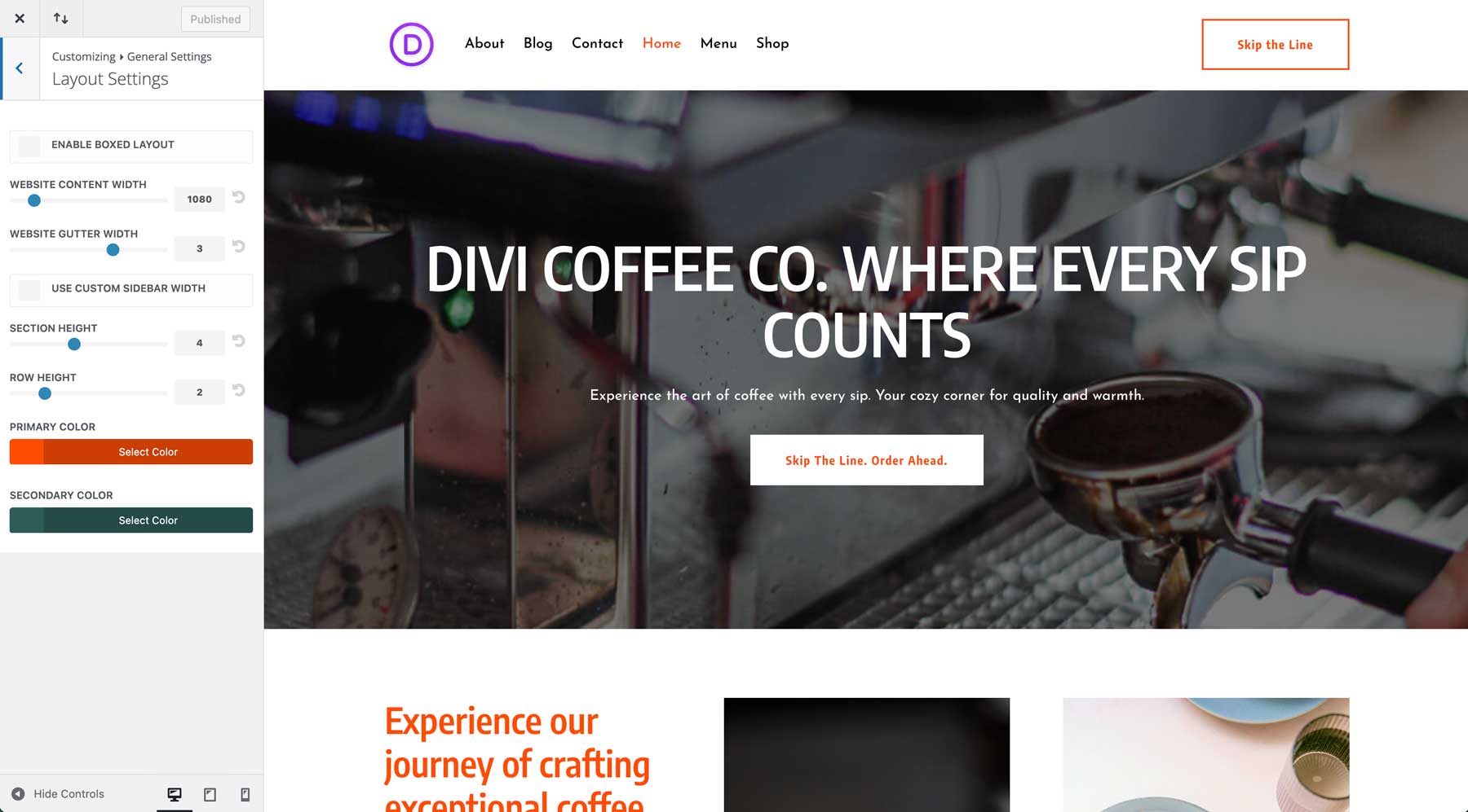 เว็บไซต์เริ่มต้นกาแฟสำหรับ divi